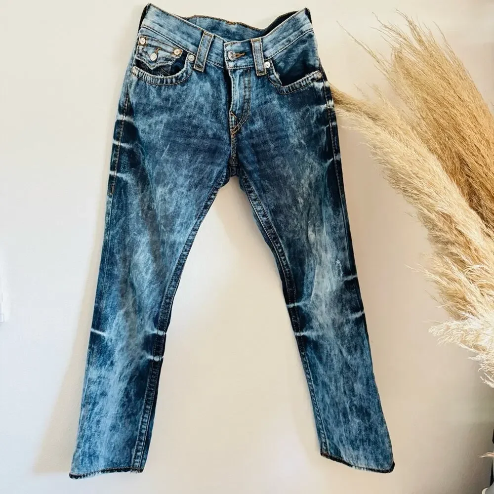 TRUE RELIGION MENS Blue White Acid Wash Relaxed Straight Leg Flap Denim Jeans 29